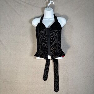 NWT Living Dead Souls Black Leopard Burnout Halter Corset Top Ruffle Tie Gothic
